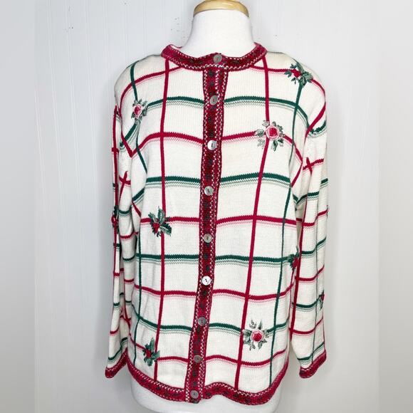 Vintage 90s Susan Bristol Hand Embroidered Green Red Cream Holiday Sweater 2X - Picture 1 of 4